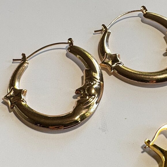 Gold Costume Jewelry Bundle of 3 Pairs of Earrings Stars, Moon, Hoops - Picture 3 of 4